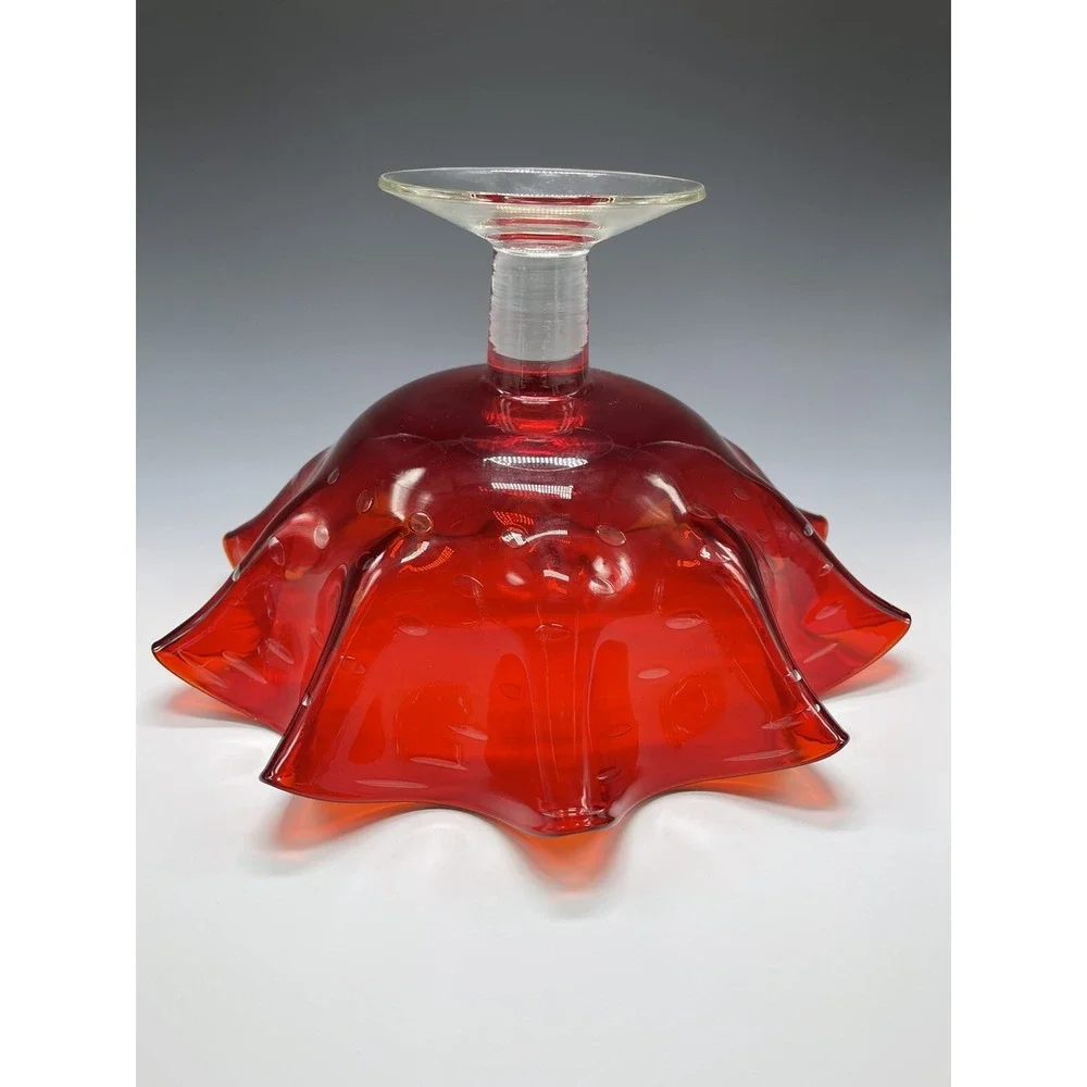 Vtg‎ Bischoff Amberina Ruffled Compote Bowl Bubbles Glass Clear Stem Banana Boat